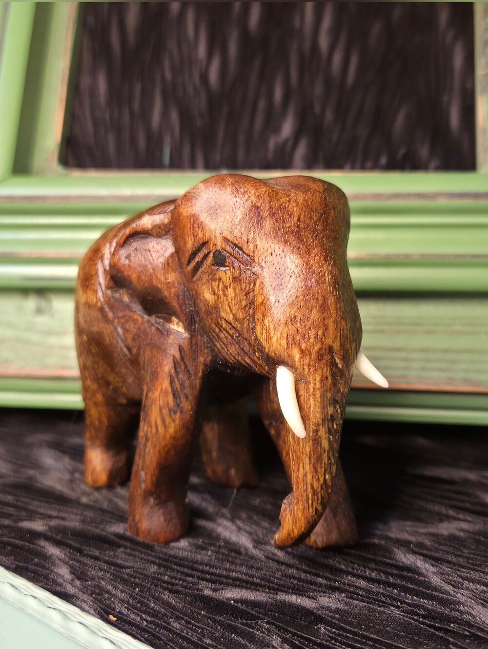 Hand-Carved Brown Wooden Teak Elephant Figurine - Decorative Souvenir Home Art